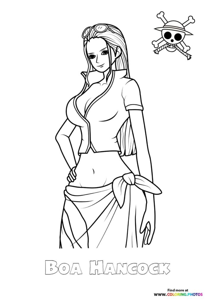 Boa Hancock in her naval outfit with flowing hair and goggles, Straw Hat Jolly Roger symbol in background coloring page from One Piece