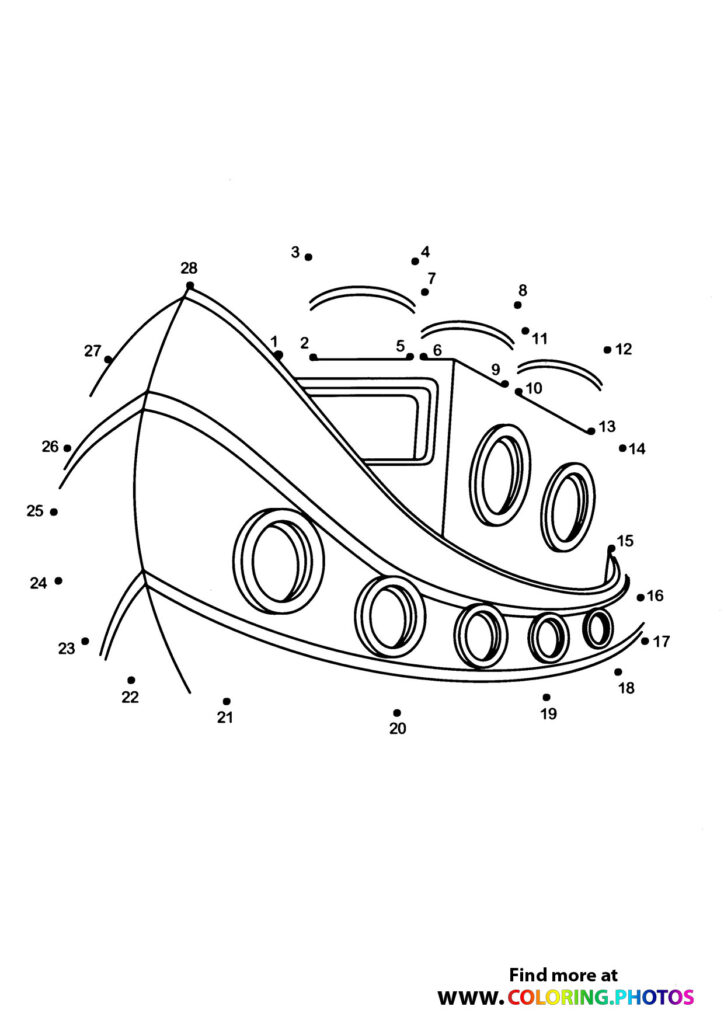 Advanced dot to dot spaceship with 28 numbered dots and multiple portholes dot to dot coloring page