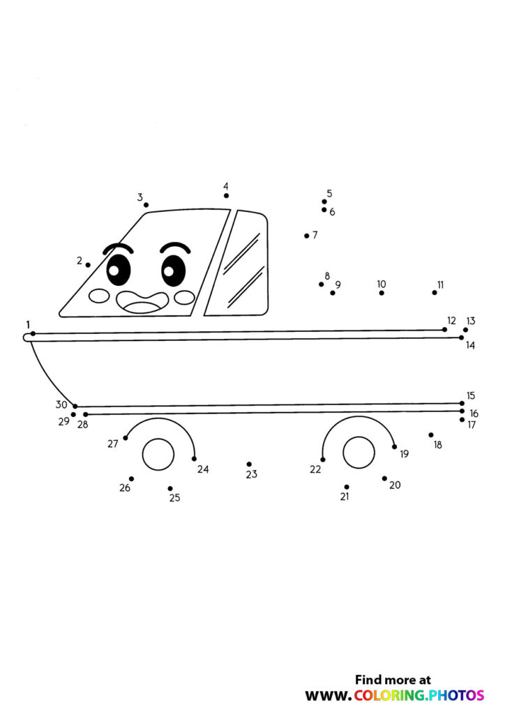 Happy cartoon bus with smiling face and numbered dots 1 to 30 advanced dot to dot coloring page