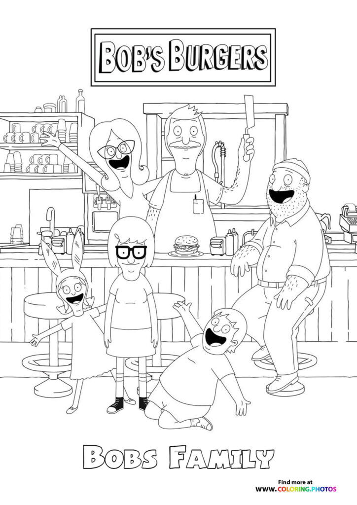 Bob Belcher with his family Linda, Tina, Gene, and Louise standing together in Bob's Burgers restaurant coloring page