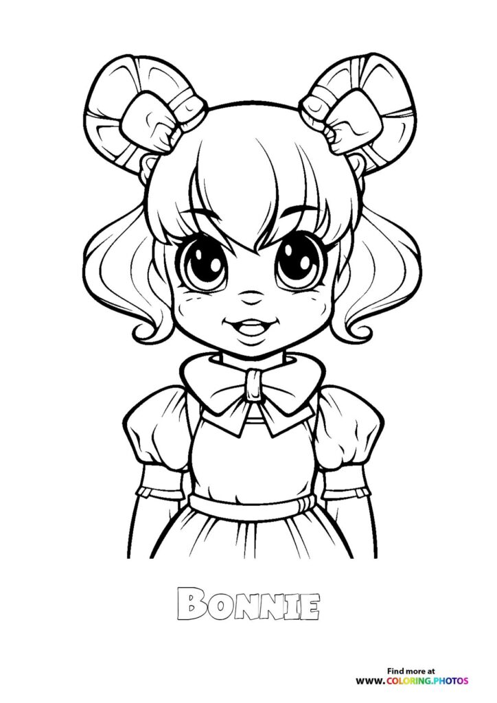 Bonnie the animatronic bunny with mechanical ears, bow tie, and dress coloring page from Five Nights at Freddy's