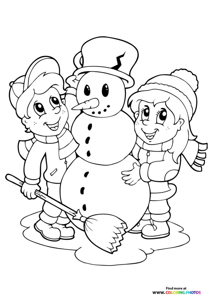 Two kids building a snowman with a top hat and carrot nose coloring page