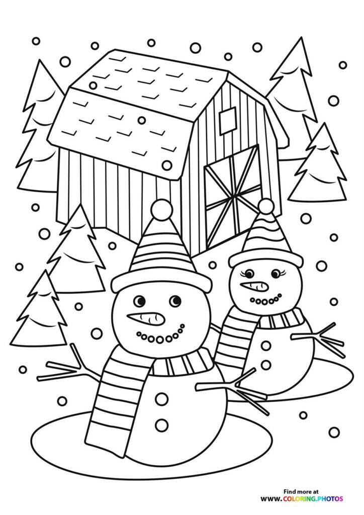 Two snowmen wearing scarves and hats standing in front of a snowy cabin surrounded by pine trees coloring page