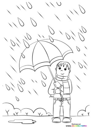 Boy in autumn rain coloring page