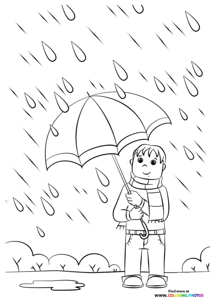 Child holding umbrella in autumn rain with raindrops falling coloring page