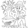Boy raking autumn leaves coloring page