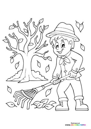 Boy raking autumn leaves coloring page