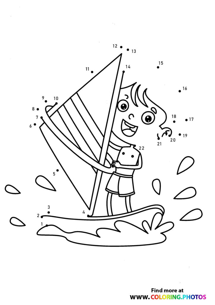Happy sailor steering a sailboat with splashing waves dot to dot coloring page