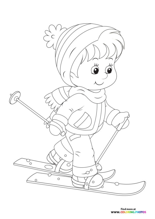 Cute boy skiing coloring page