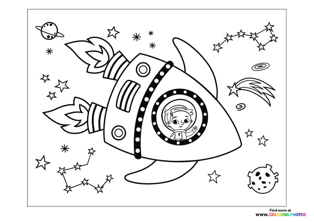 Astronaut looking out from rocket window surrounded by stars and planets coloring page