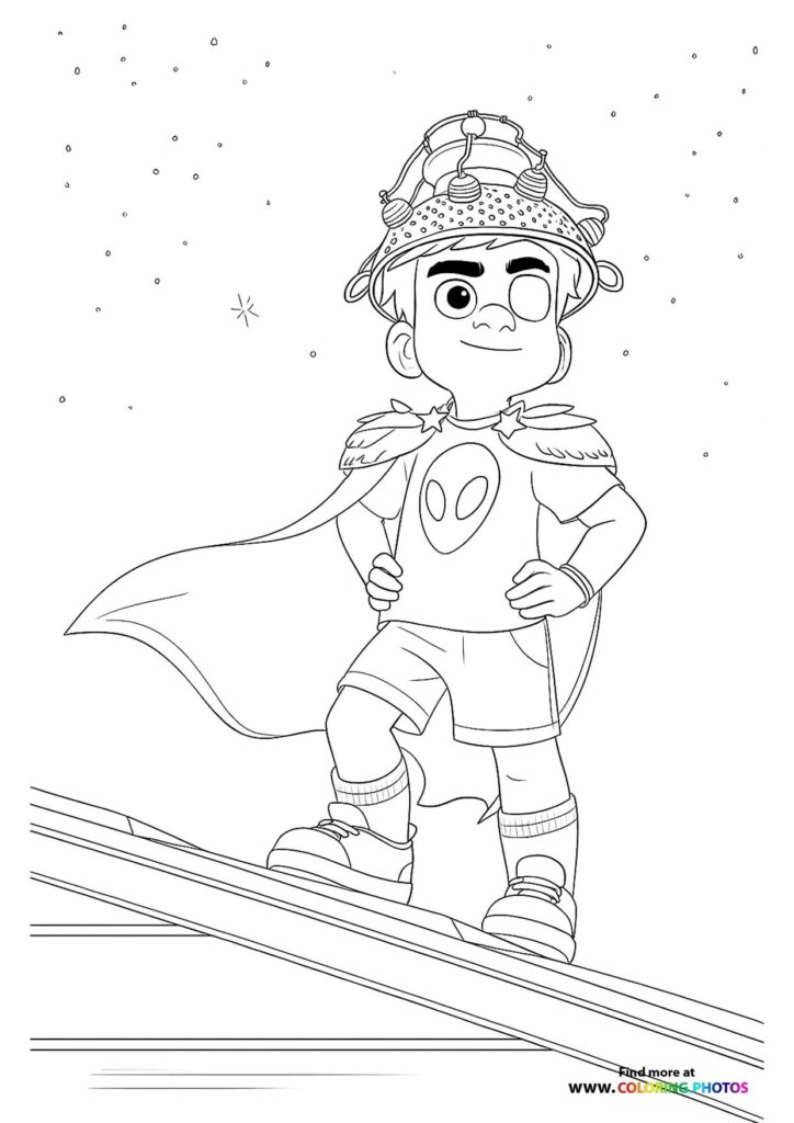 Elio wearing a superhero outfit with helmet and cape coloring page from the animated movie Elio