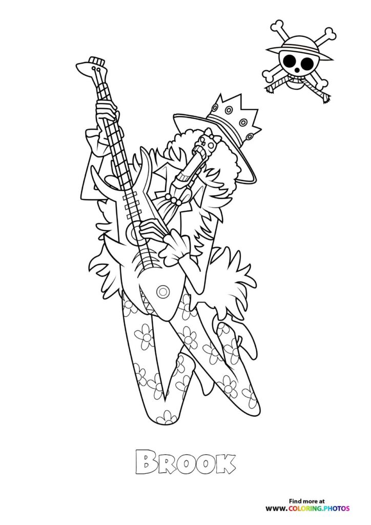 Brook the skeleton musician playing his soul guitar in formal outfit coloring page from One Piece anime