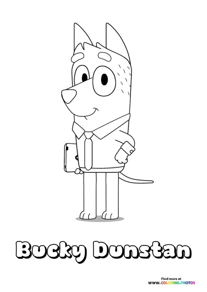 Bucky Dunstan in a business suit holding a smartphone coloring page from Bluey