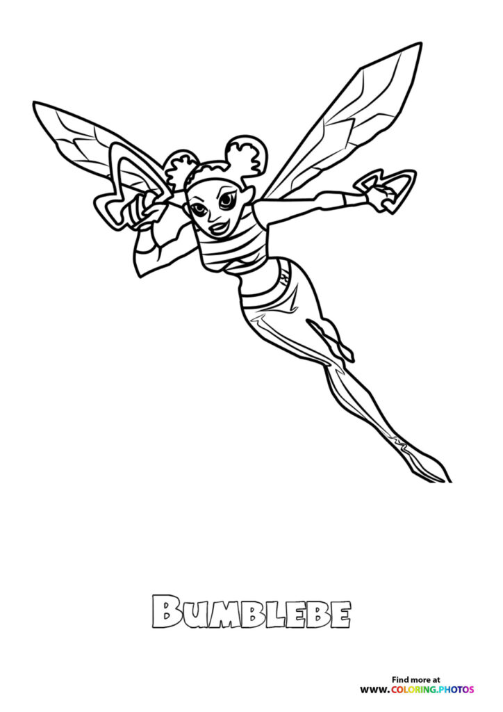 Bumblebee flying with wings spread and arms extended coloring page from Teen Titans Go