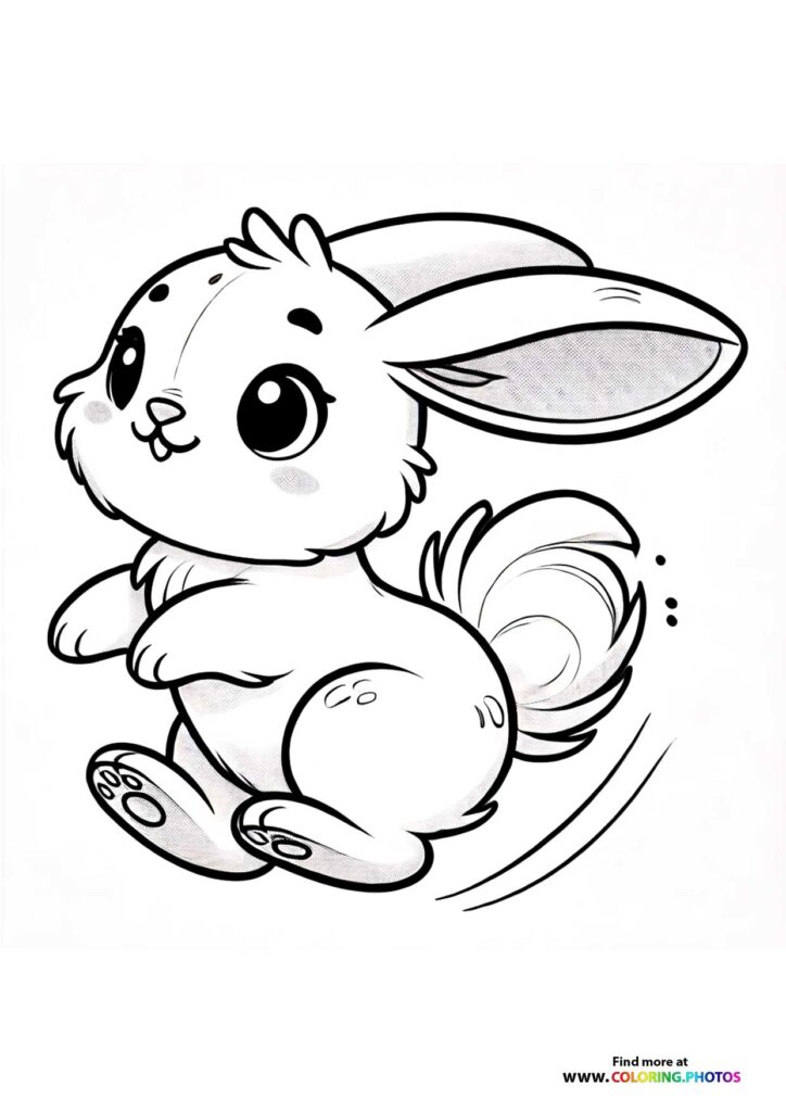 Happy bunny with long ears and fluffy tail jumping playfully coloring page
