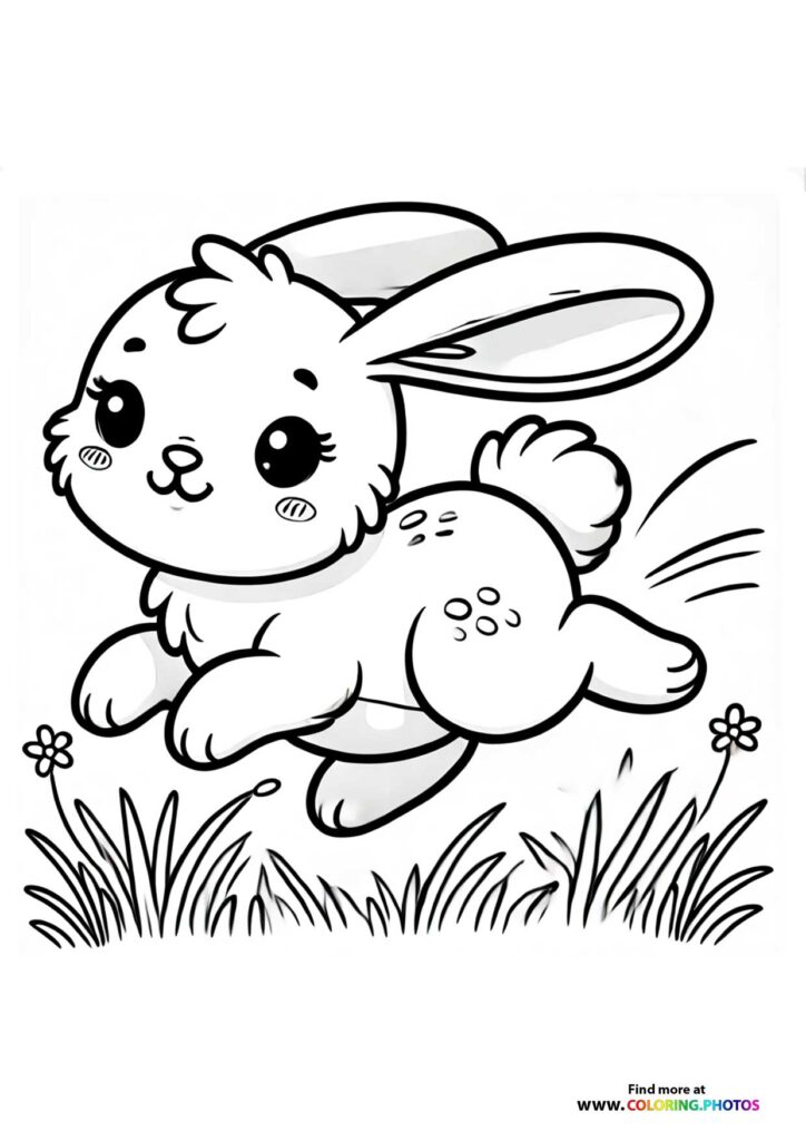 Happy bunny with long ears hopping through grass and flowers coloring page