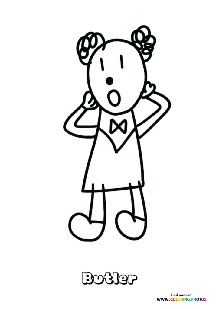 Butler from Dog Man standing with paws on hips, wearing a bow tie and dress, coloring page