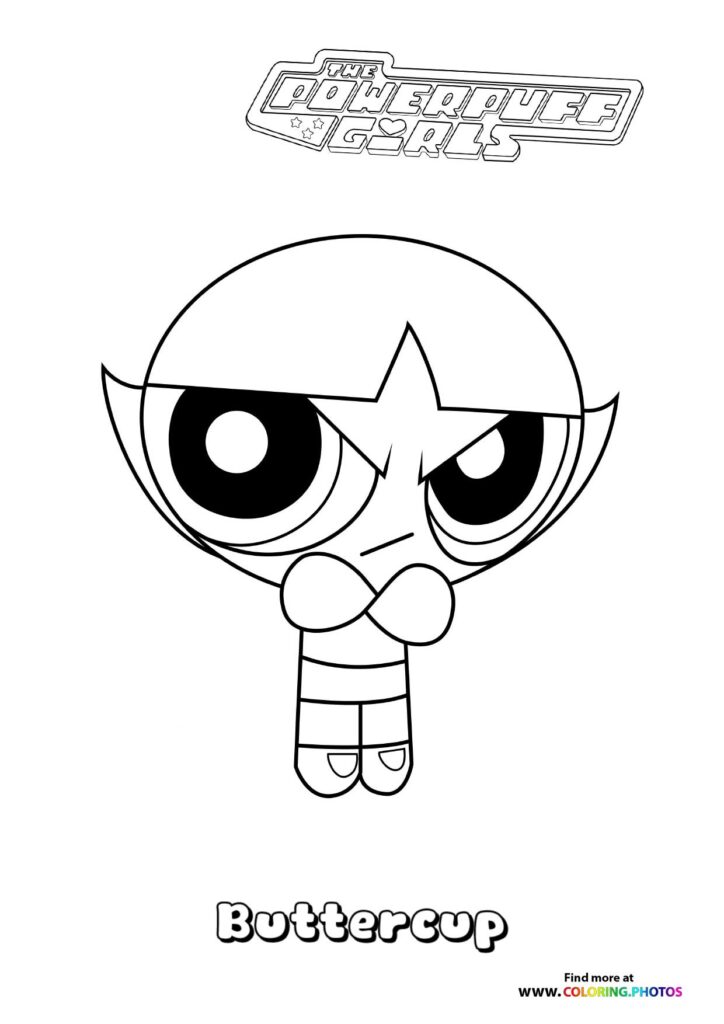 Buttercup from The Powerpuff Girls with her signature green bow and determined expression coloring page