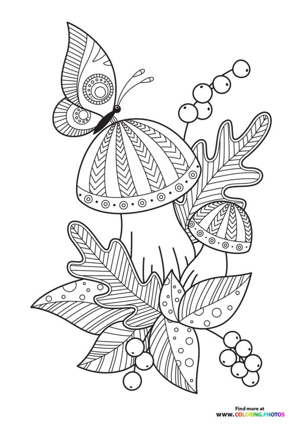 Butterfly on a shroom coloring page