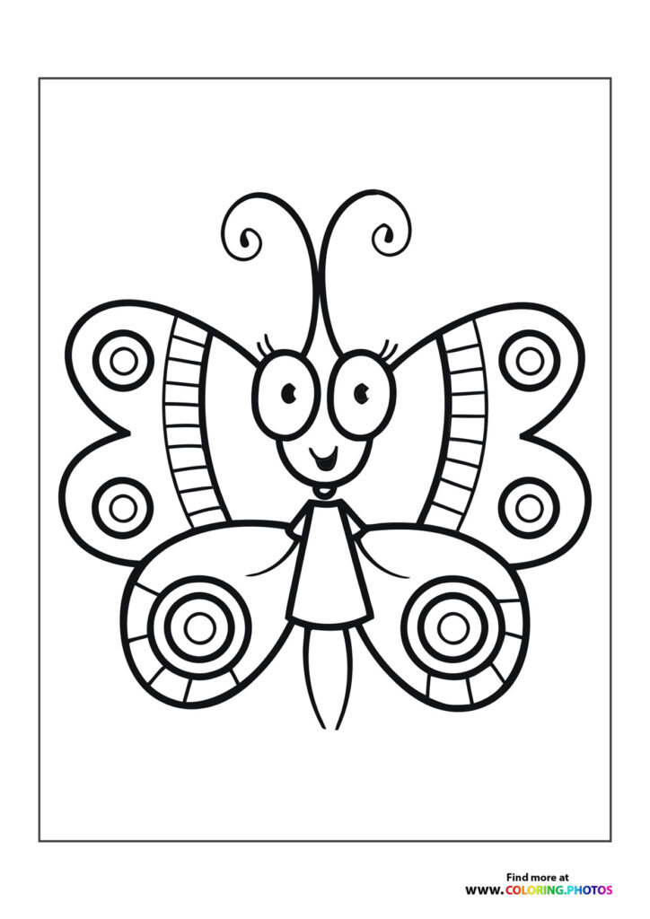 Smiling cartoon butterfly with circular wing patterns and striped details coloring page