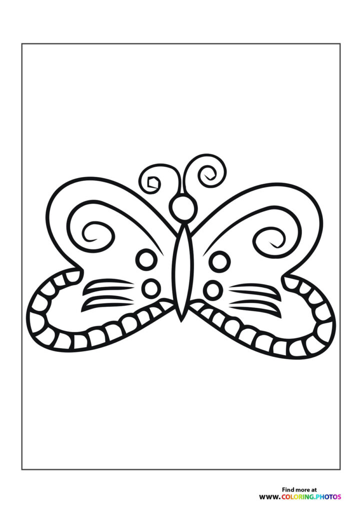 Decorative butterfly with curved wings, spiral patterns, and scalloped borders coloring page