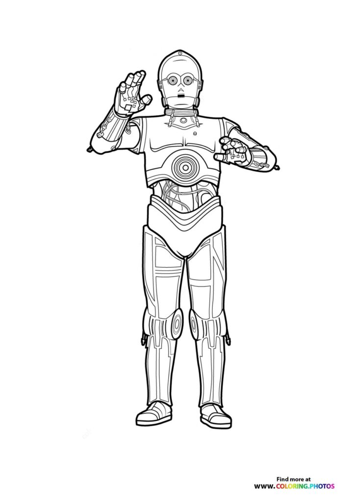 C-3PO protocol droid with raised arms showing mechanical details and circular chest panel coloring page