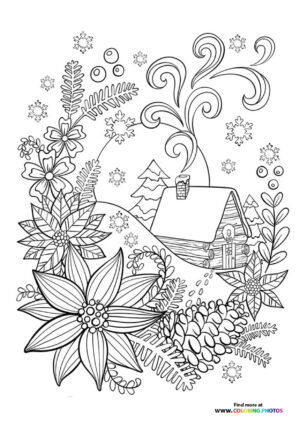Winter theme cabin coloring page