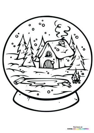 Winter cabin snow globe coloring page