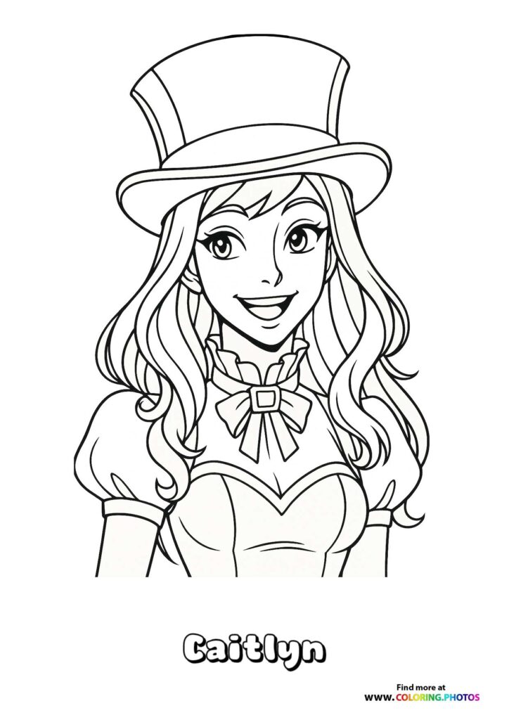 Caitlyn from League of Legends wearing a top hat and bow tie coloring page