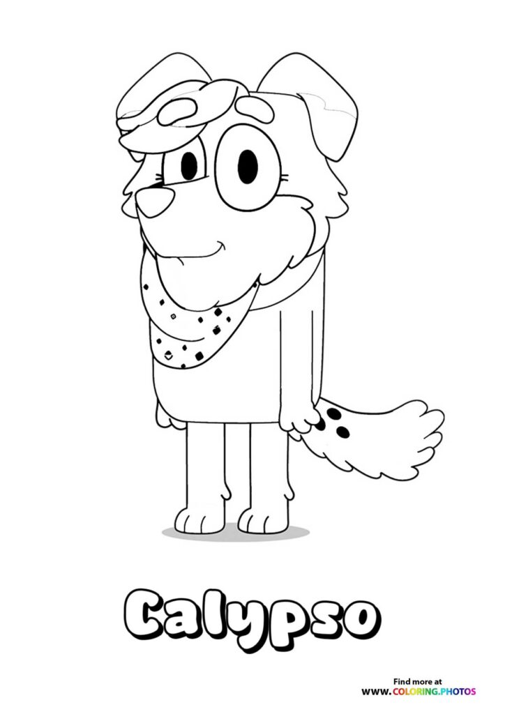 Calypso from Bluey standing and smiling, wearing a spotted scarf coloring page