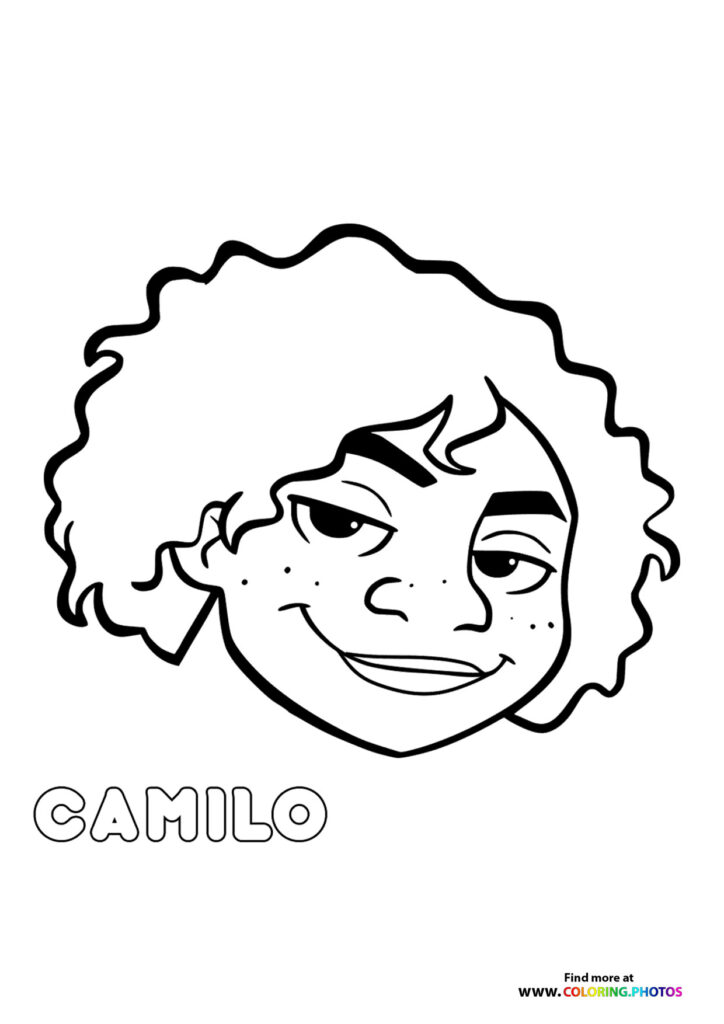 Camilo Madrigal with curly hair and freckles smiling, coloring page from Encanto