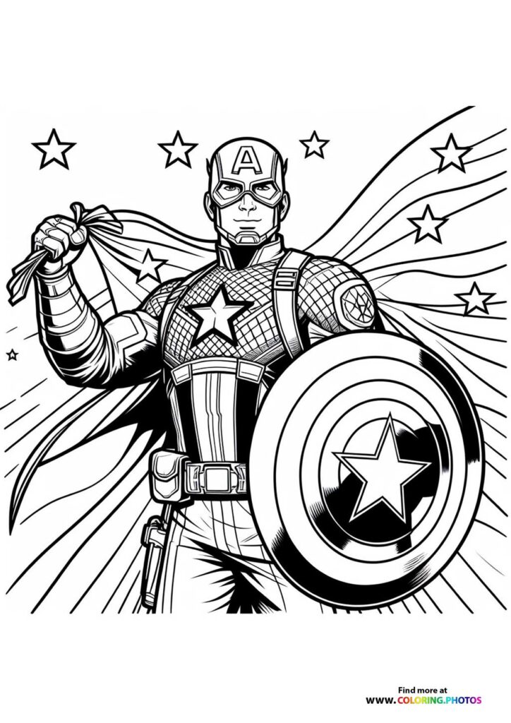 Captain America in full costume holding his shield and clenching his fist, surrounded by stars and energy lines coloring page