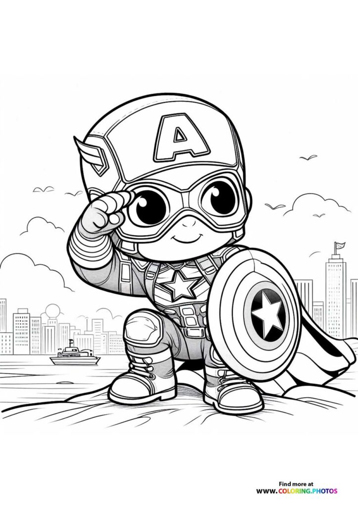 Chibi Captain America holding shield with goggles and A helmet coloring page