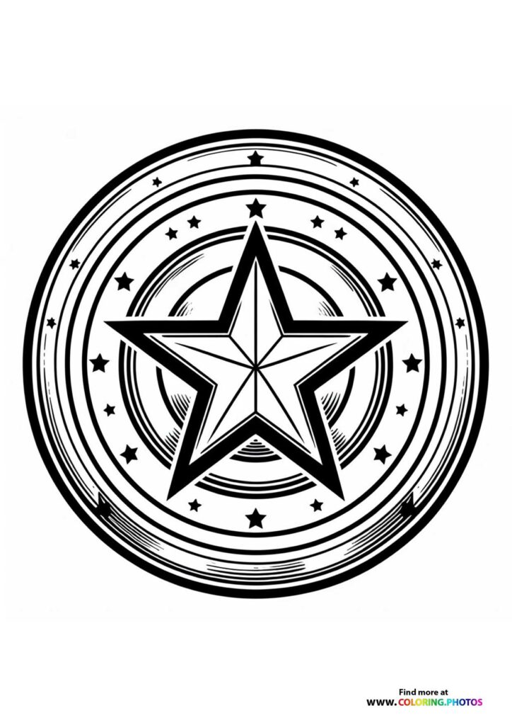 Captain America's shield with five pointed star and concentric circles surrounded by smaller stars coloring page