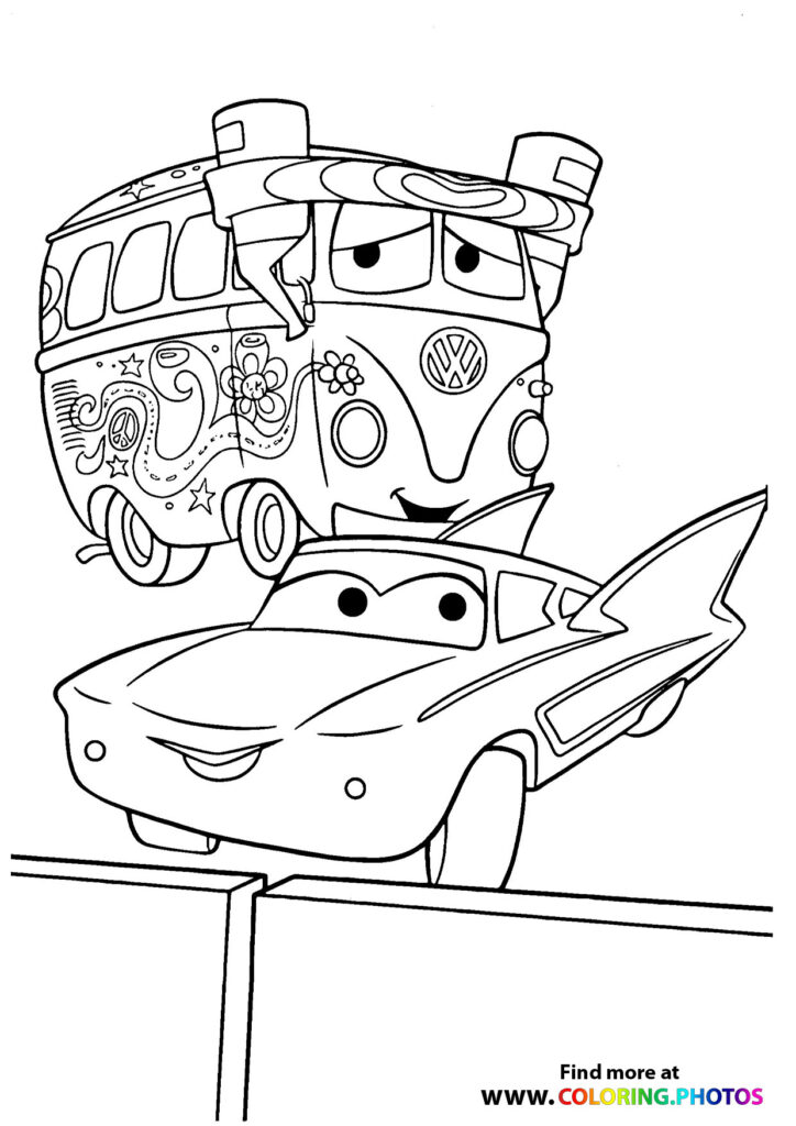 Filmore VW bus and Lightning McQueen car stacked together coloring page from Cars
