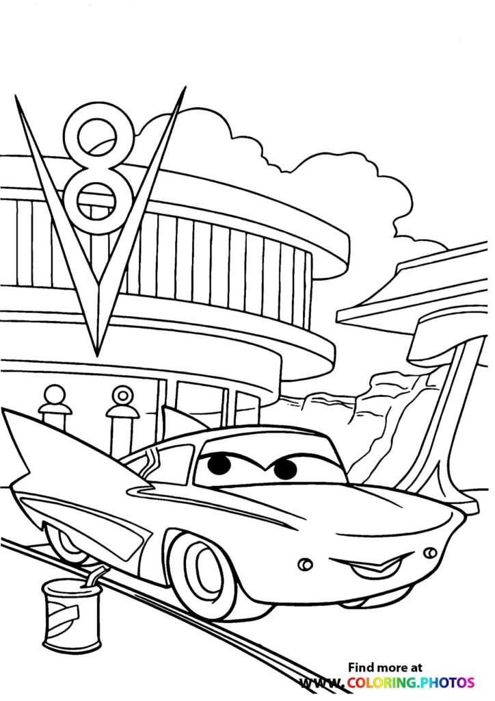 Lightning McQueen parked in front of Flo's V8 Cafe with vintage neon sign coloring page from Cars