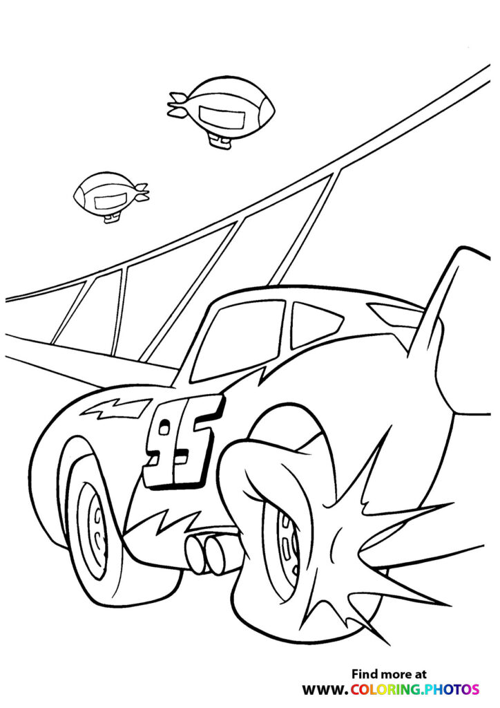 Lightning McQueen with wings extended, two small airplanes above, coloring page from Cars