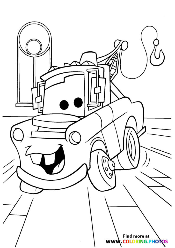Mater the tow truck with big smile pulling a car at the service station coloring page from Cars