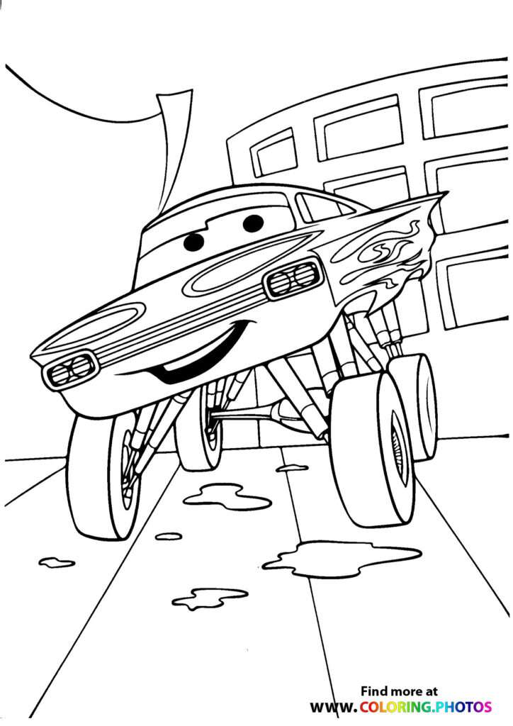 Ramone the lowrider car with flame decals bouncing on hydraulics coloring page from Cars movie