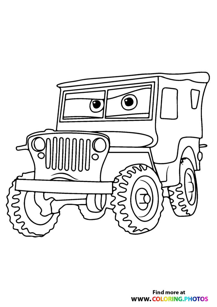 Sergeant the military jeep character from Cars coloring page with prominent grille and large tires