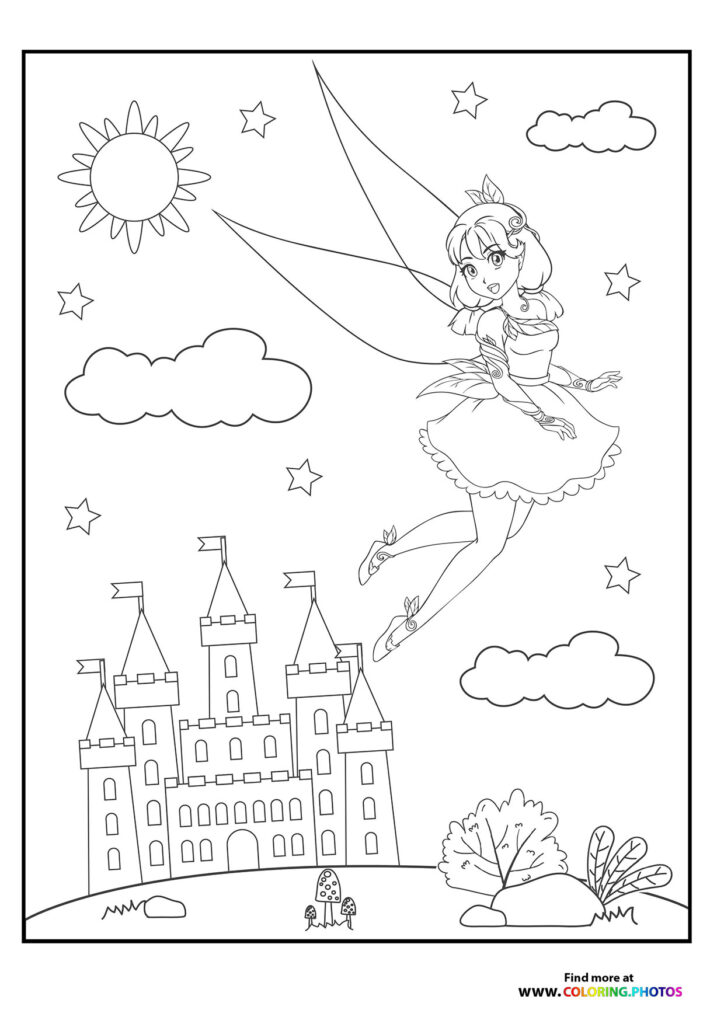 Fairy with crown and wings flying over fairy tale castle with towers under stars and clouds coloring page