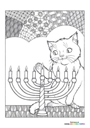 Cat on Hanukkah coloring page