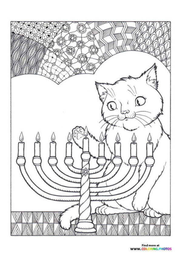 Cat on Hanukkah coloring page