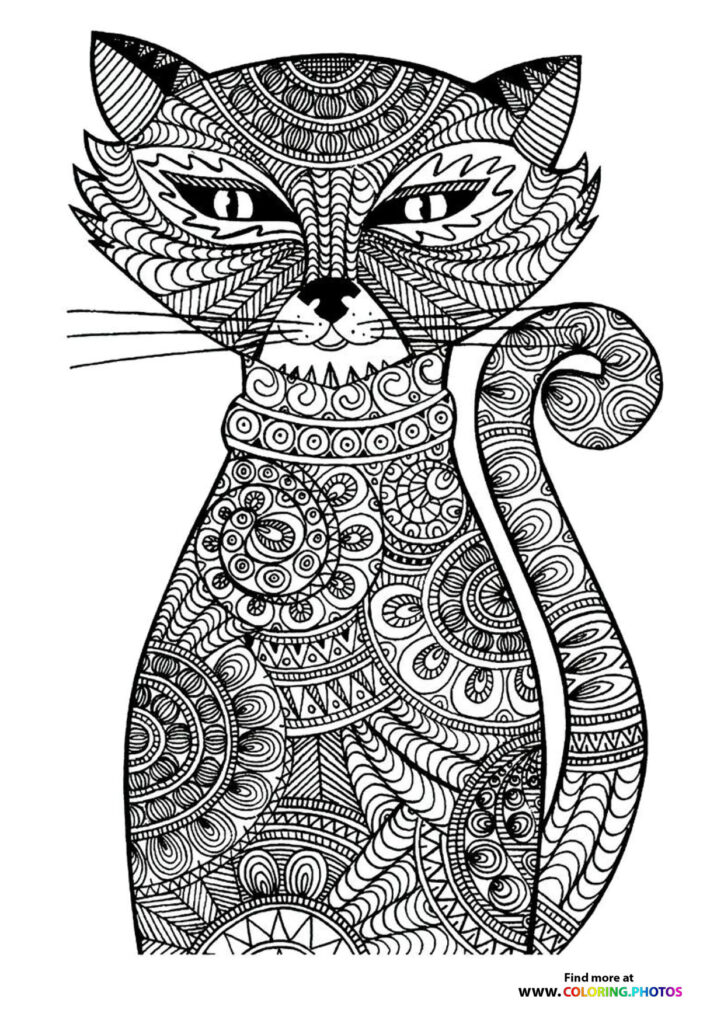 Ornamental cat with patterned face, decorative body and curled tail coloring page for adults