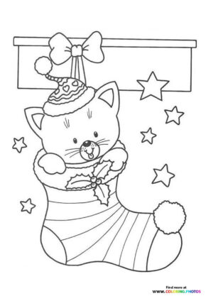 Cat in a christmas stocking coloring page