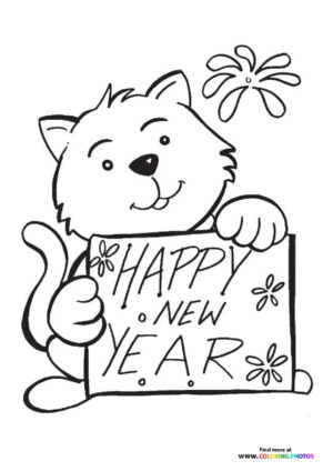Cat wishing Happy New Year coloring page