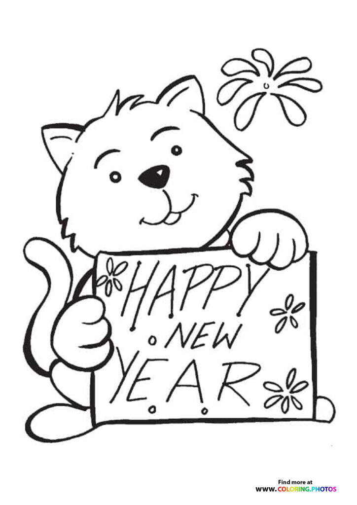 Cheerful cat holding Happy New Year sign with fireworks bursting above coloring page