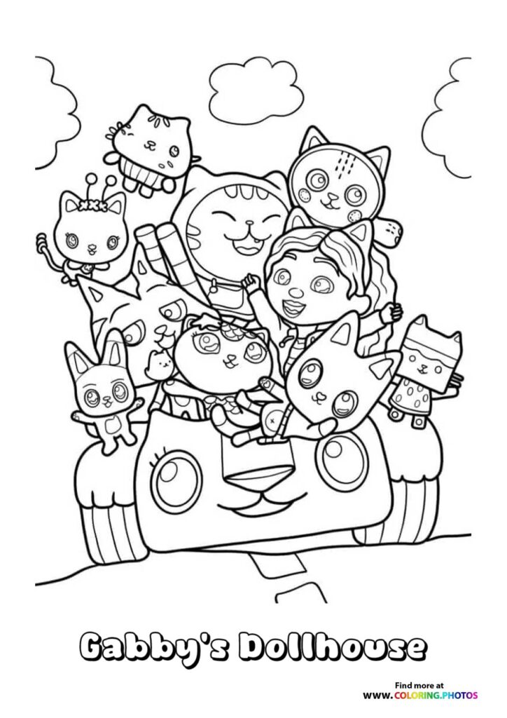 Gabby surrounded by cat friends and dollhouse characters coloring page from Gabby's Dollhouse The Movie