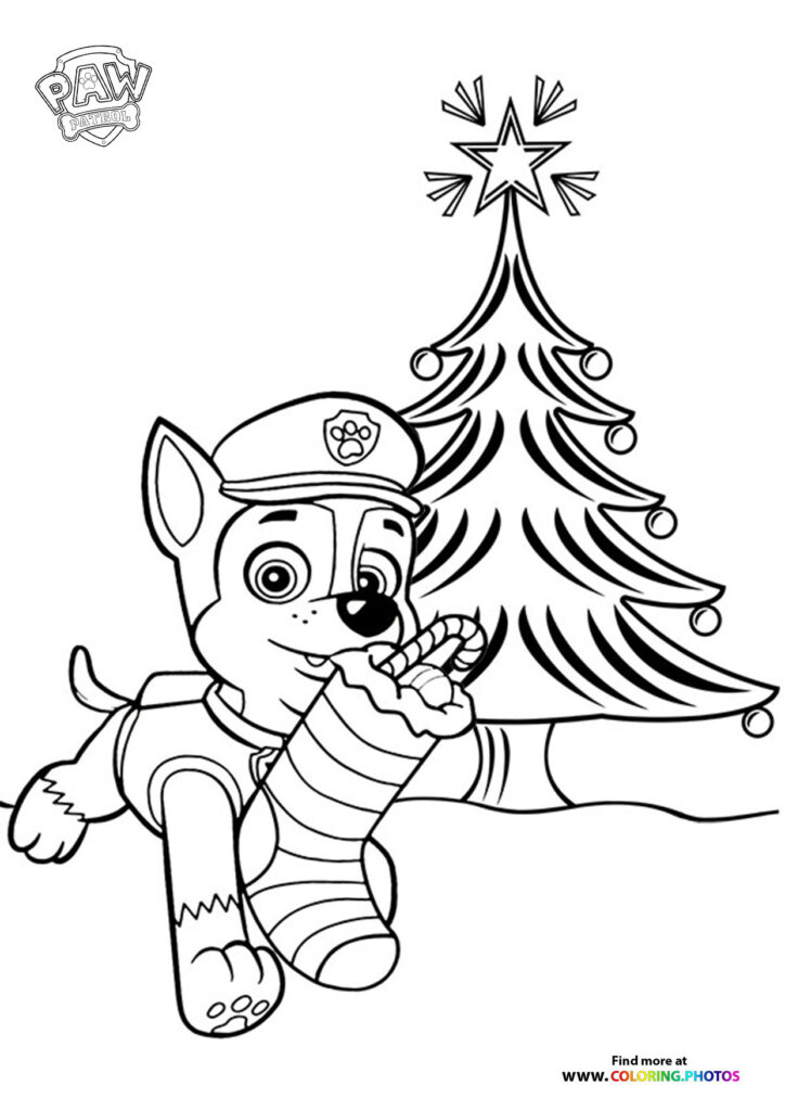 Chase from Paw Patrol holding a candy cane in front of a Christmas tree coloring page