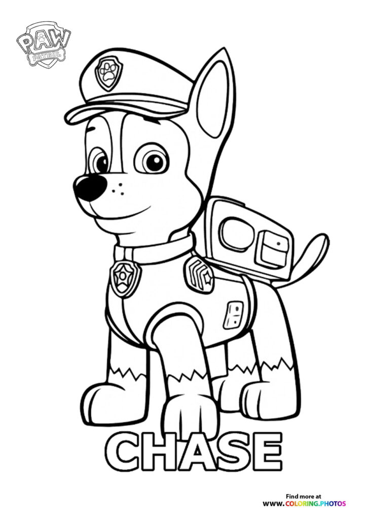 Chase the German Shepherd police pup wearing captain's hat and tactical gear from Paw Patrol coloring page